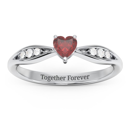 Heart Gemstone Promise Ring with Trio Set Accent Stones – Sterling Silver with Garnet and White Premium Zirconia