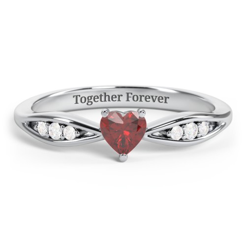 Heart Gemstone Promise Ring with Trio Set Accent Stones – Sterling Silver with Garnet and White Premium Zirconia