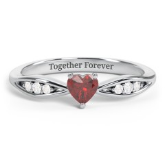 Heart Gemstone Promise Ring with Trio Set Accent Stones – 10K White Gold with Garnet and White Premium Zirconia