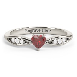 Heart Gemstone Promise Ring with Trio Set Accent Stones in 10K Solid White Gold with Garnet and White Premium Zirconia
