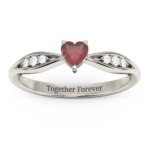 Heart Gemstone Promise Ring with Trio Set Accent Stones – 10K White Gold with Garnet and White Premium Zirconia