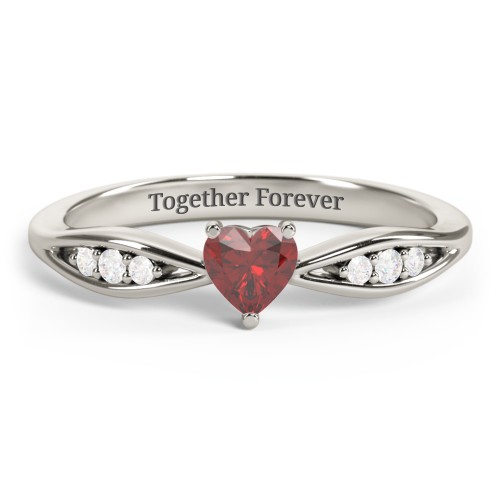 Heart Gemstone Promise Ring with Trio Set Accent Stones – 10K White Gold with Garnet and White Premium Zirconia