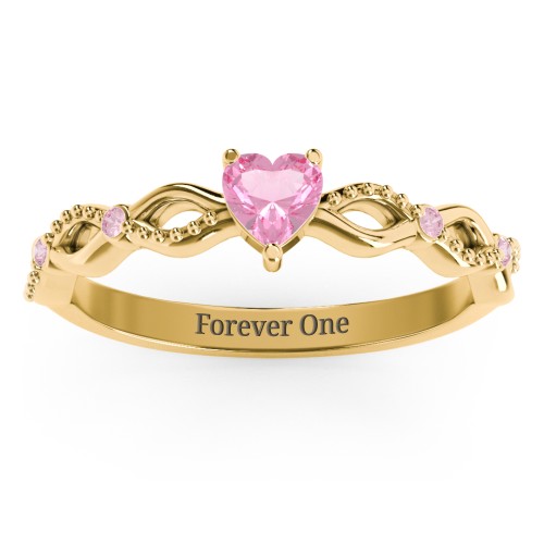 Twisted Vine Gemstone Heart Promise Ring with Accent Stones – 14K Yellow Gold with Pink Tourmaline and Fancy Pink Premium Zirconia
