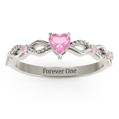 Twisted Vine Gemstone Heart Promise Ring with Accent Stones – 10K White Gold with Pink Tourmaline and Fancy Pink Premium Zirconia