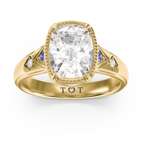 Elongated Cushion "Golden Era" Ring with Birthstones – 18K Gold Plated Silver with Cubic Zirconia, Blue Sapphire, and White Premium Zirconia