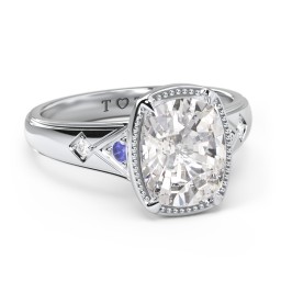 Elongated Cushion "Golden Era" Ring with Birthstones in 925 Sterling Silver with Blue Sapphire