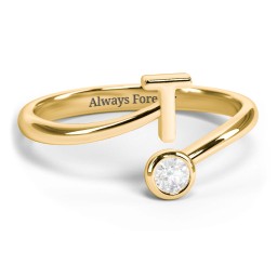 Initial & Birthstone Bypass Ring in 18K Gold Plated Silver with Diamond
