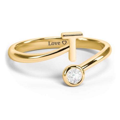 Initial & Birthstone Bypass Ring – 18K Gold Plated Silver with Diamond