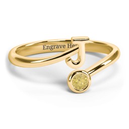 Initial & Birthstone Bypass Ring in 18K Gold Plated Silver with Citrine