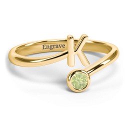 Initial & Birthstone Bypass Ring in 18K Gold Plated Silver with Peridot