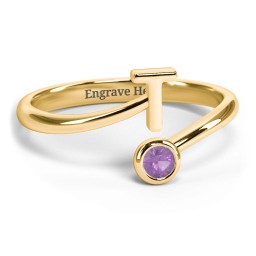 Initial & Birthstone Bypass Ring in 18K Gold Plated Silver with Amethyst