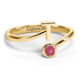 Initial & Birthstone Bypass Ring in 18K Gold Plated Silver with Ruby