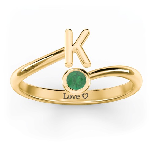 Initial & Birthstone Bypass Ring – 18K Gold Plated Silver with Emerald