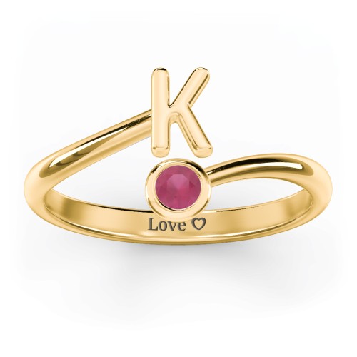 Initial & Birthstone Bypass Ring – 18K Gold Plated Silver with Ruby