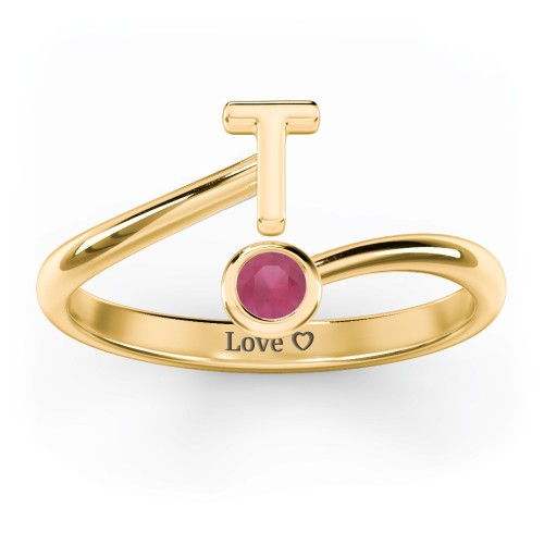Initial & Birthstone Bypass Ring – 18K Gold Plated Silver with Ruby