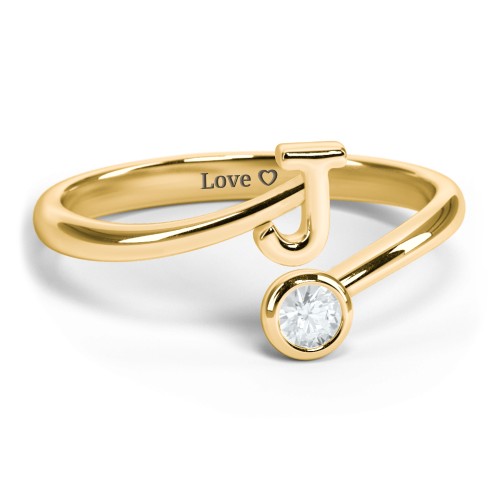 Initial & Birthstone Bypass Ring – 18K Gold Plated Silver with Aquamarine