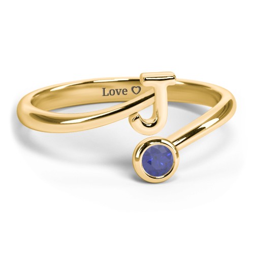 Initial & Birthstone Bypass Ring – 18K Gold Plated Silver with Blue Sapphire