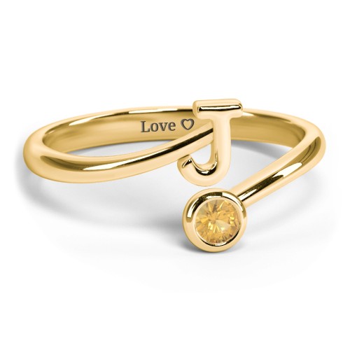 Initial & Birthstone Bypass Ring – 18K Gold Plated Silver with Citrine