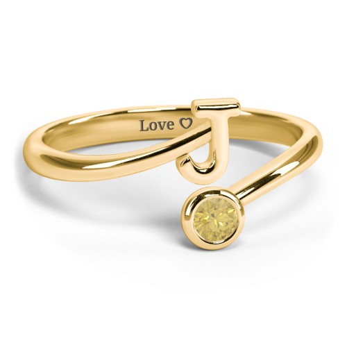 Initial & Birthstone Bypass Ring – 18K Gold Plated Silver with Citrine