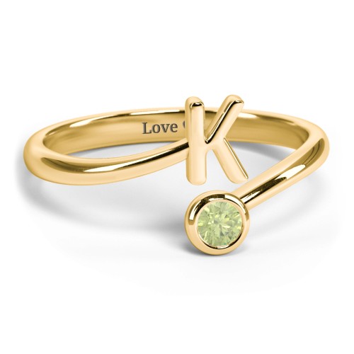 Initial & Birthstone Bypass Ring – 18K Gold Plated Silver with Peridot