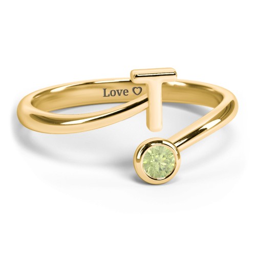 Initial & Birthstone Bypass Ring – 18K Gold Plated Silver with Peridot