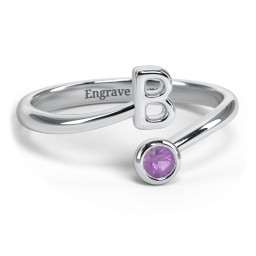 Initial & Birthstone Bypass Ring in 925 Sterling Silver with Amethyst