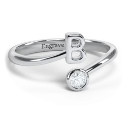 Initial & Birthstone Bypass Ring in 925 Sterling Silver with Aquamarine