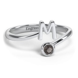 Initial & Birthstone Bypass Ring in 925 Sterling Silver with Smokey Quartz