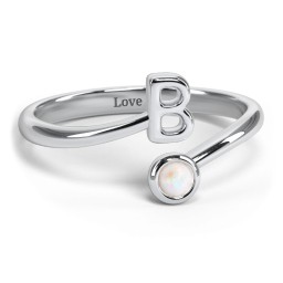 Initial & Birthstone Bypass Ring in 925 Sterling Silver with Opal
