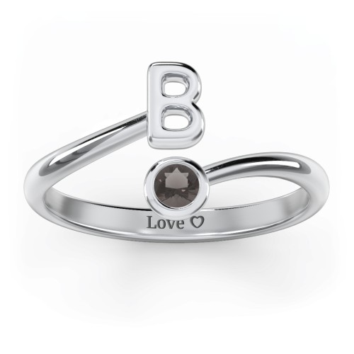 Initial & Birthstone Bypass Ring – Sterling Silver with Smokey Quartz