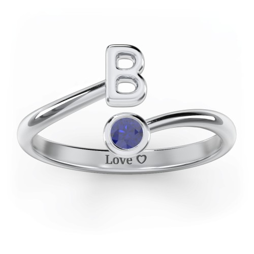 Initial & Birthstone Bypass Ring – Sterling Silver with Blue Sapphire