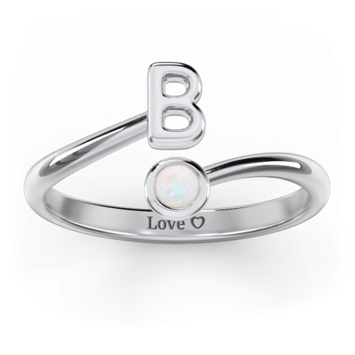Initial & Birthstone Bypass Ring – Sterling Silver with Opal