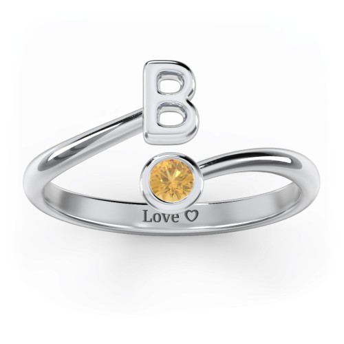 Initial & Birthstone Bypass Ring – Sterling Silver with Citrine