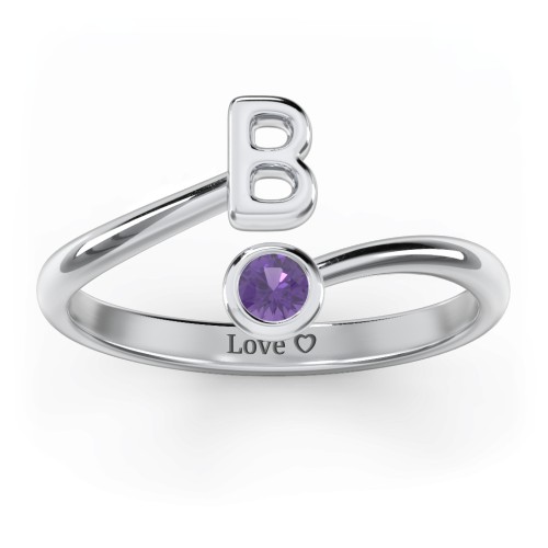 Initial & Birthstone Bypass Ring – Sterling Silver with Amethyst