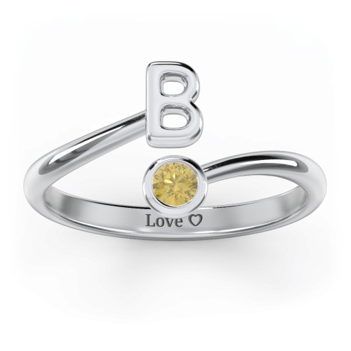Initial & Birthstone Bypass Ring – Sterling Silver with Citrine