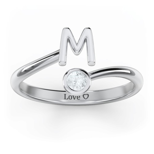 Initial & Birthstone Bypass Ring – Sterling Silver with Aquamarine