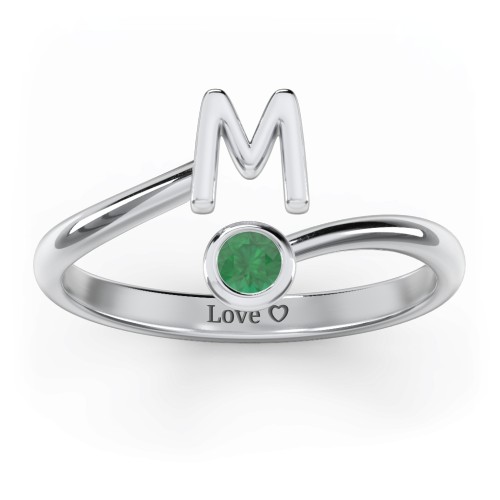 Initial & Birthstone Bypass Ring – Sterling Silver with Emerald