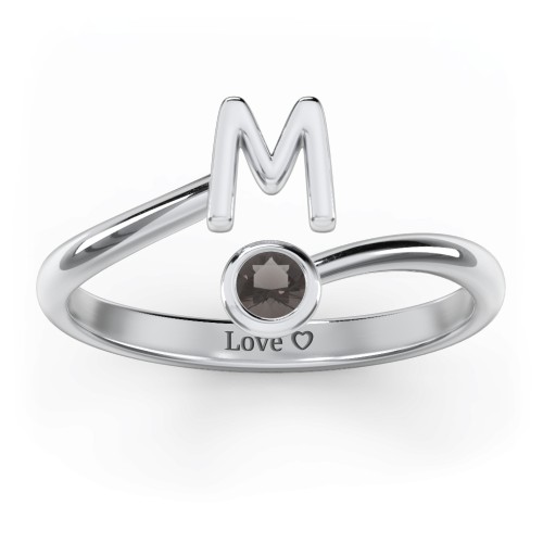 Initial & Birthstone Bypass Ring – Sterling Silver with Smokey Quartz