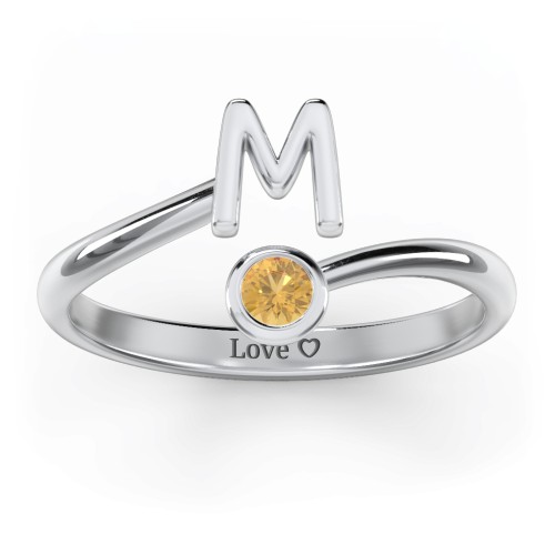 Initial & Birthstone Bypass Ring – Sterling Silver with Citrine