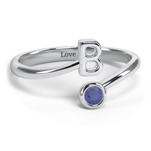 Initial & Birthstone Bypass Ring – Sterling Silver with Blue Sapphire
