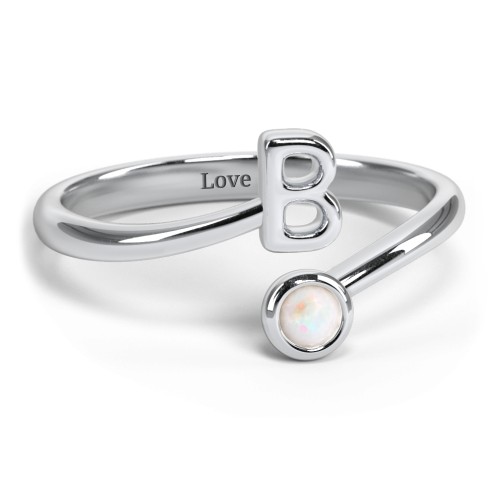Initial & Birthstone Bypass Ring – Sterling Silver with Opal
