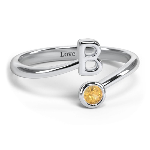 Initial & Birthstone Bypass Ring – Sterling Silver with Citrine