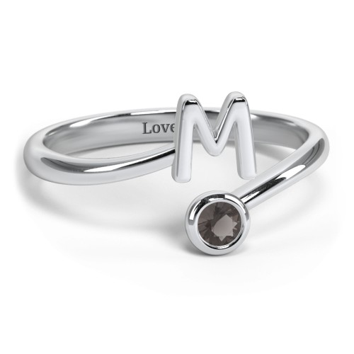 Initial & Birthstone Bypass Ring – Sterling Silver with Smokey Quartz