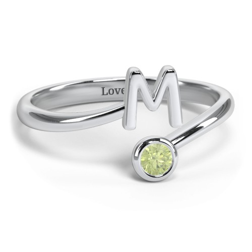 Initial & Birthstone Bypass Ring – Sterling Silver with Peridot