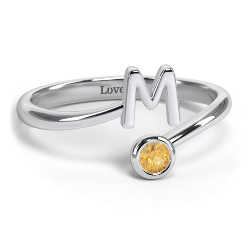 Initial & Birthstone Bypass Ring – Sterling Silver with Citrine