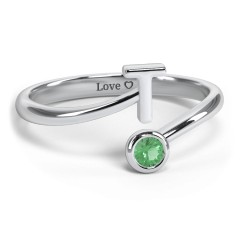 Initial & Birthstone Bypass Ring – 10K White Gold with Emerald