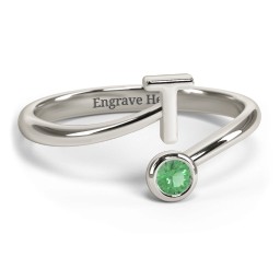 Initial & Birthstone Bypass Ring in 10K Solid White Gold with Emerald