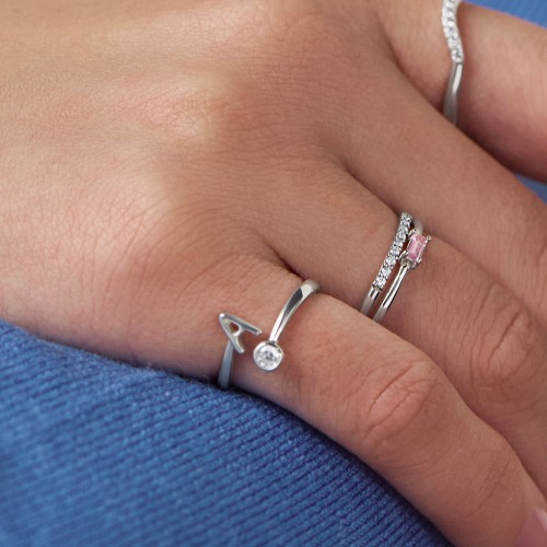 Initial & Birthstone Bypass Ring – 10K White Gold with Emerald
