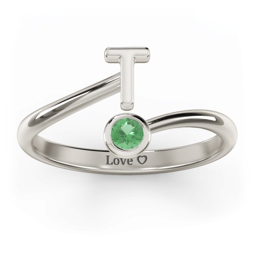 Initial & Birthstone Bypass Ring – 10K White Gold with Emerald
