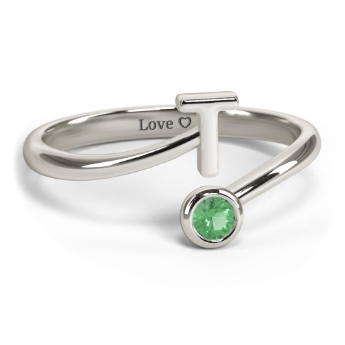 Initial & Birthstone Bypass Ring – 10K White Gold with Emerald